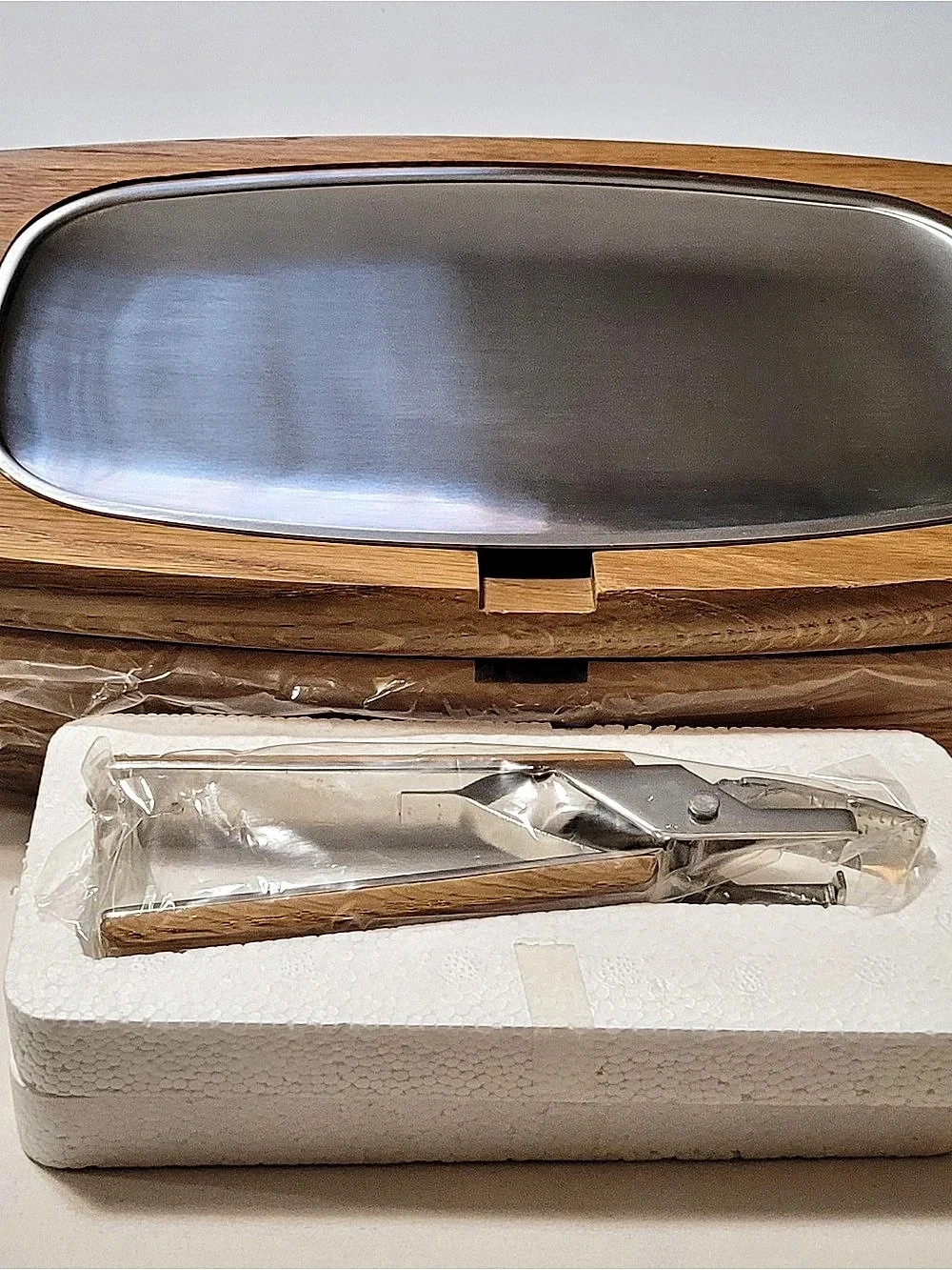Wooden Serving Dish with Utensil in Brown & Silver NWT